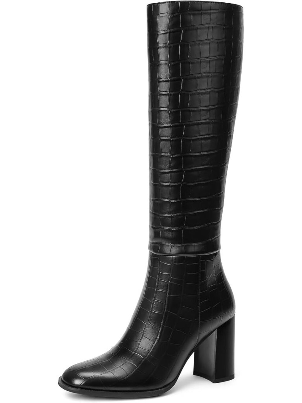 Women's Crocodile Black Knee High Boots Round Toe Chunky Heel Boots Gogo Boots